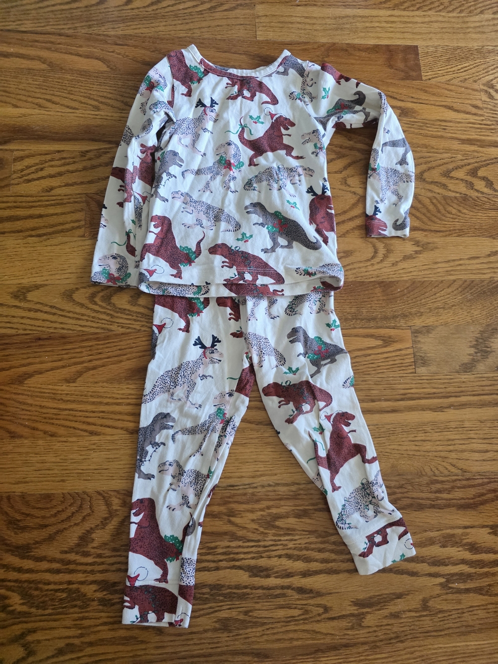 Pink Chicken White Pajama Set with Brown and Gray Dinosaur Print